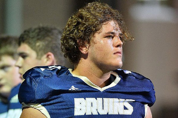 Pulaski Academy offensive lineman Luke Jones watches during warmups prior to a game against Bossier City (La.) Parkway on Friday, Sept. 16, 2017, in Little Rock. 