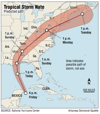 A map showing Tropical Storm Nate's predicted path