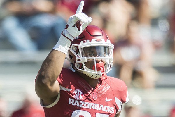 Arkansas linebacker Dwayne Eugene reacts during a game against New Mexico State on Saturday, Sept. 30, 2017, in Fayetteville. 