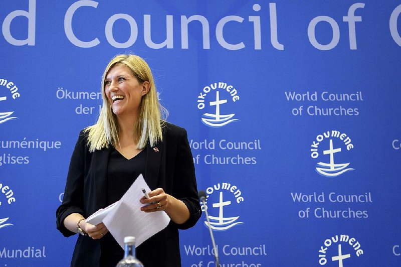 Beatrice Fihn of the International Campaign to Abolish Nuclear Weapons attends a news conference Friday in Geneva. “We do not have to accept” the risk of nuclear war, she said in an interview.