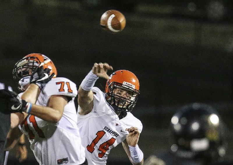 Nashville quarterback Tyler Hanson (14) threw for 187 yards and five interceptions in the Scrappers’ 34-10 loss to Joe T. Robinson on Friday night. 
