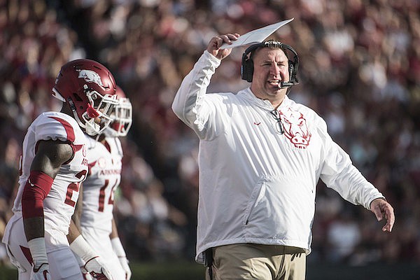 Arkansas head coach Bret Bielema watches from the sideline during the first half of an NCAA college football game against South Carolina on Saturday, Oct. 7, 2017, in Columbia, S.C. (AP Photo/Sean Rayford) Arkansas head coach Bret Bielema watches from the sideline during the first half of an NCAA college football game against South Carolina on Saturday, Oct. 7, 2017, in Columbia, S.C. (AP Photo/Sean Rayford)