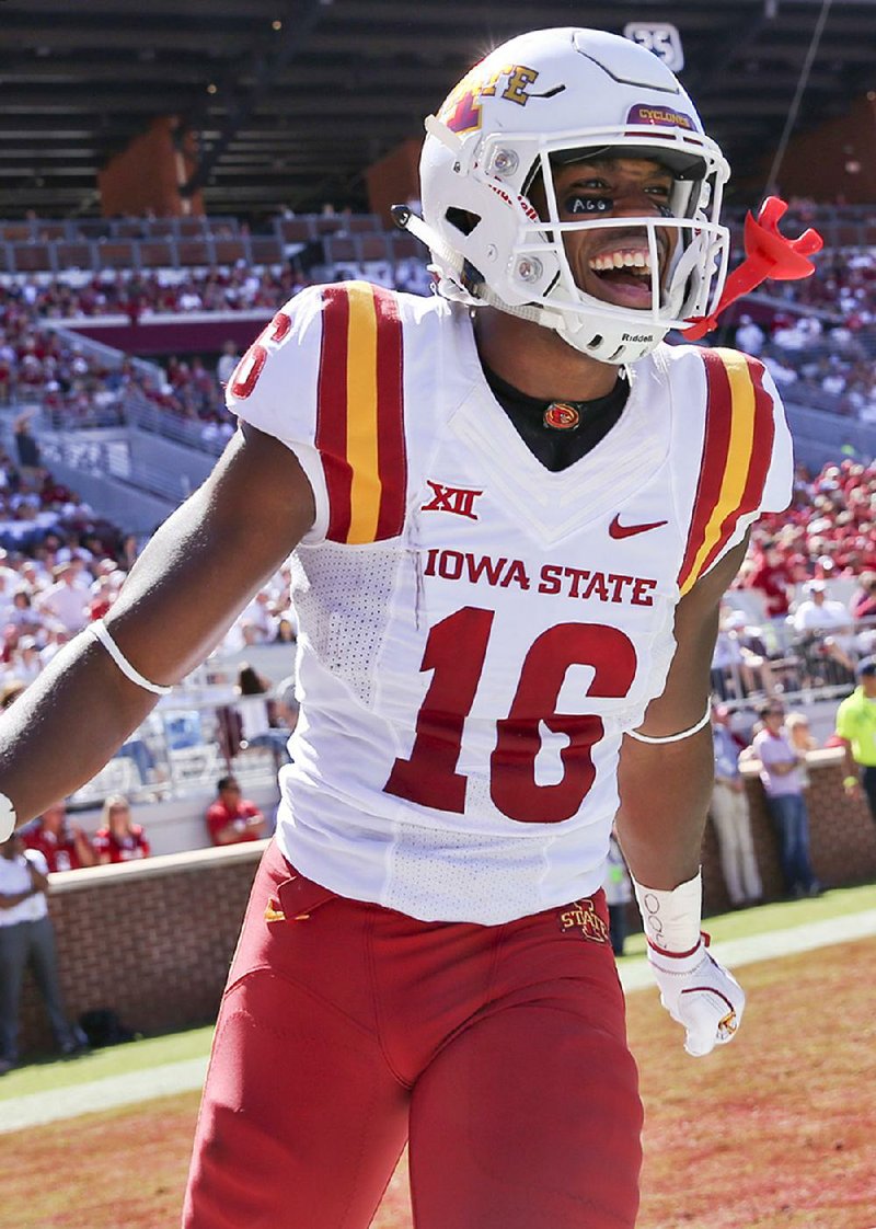 Iowa State wide receiver Marchie Murdock reacts after scoring a touchdown against Oklahoma during Saturday’s
game in Norman, Okla. The Cyclones upset the No. 3-ranked Sooners 38-31.