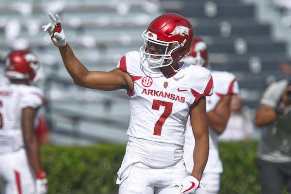 Arkansas receiver Jonathan Nance goes through warmups before the South Carolina game in Columbia, S.C., on Saturday, Oct. 7, 2017.
