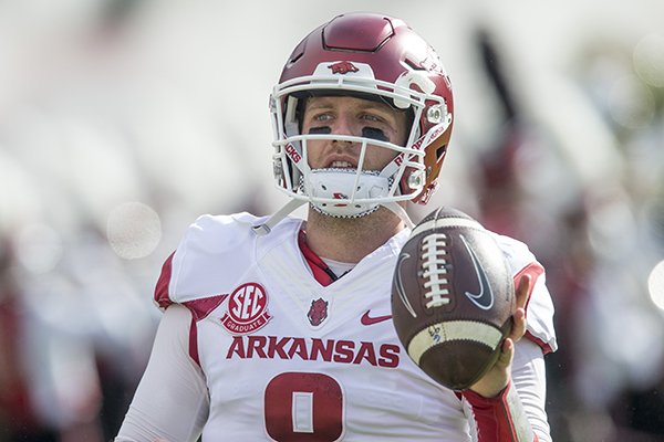 Arkansas quarterback Austin Allen warms up prior to a game against South Carolina on Saturday, Oct. 7, 2017, in Columbia, S.C.