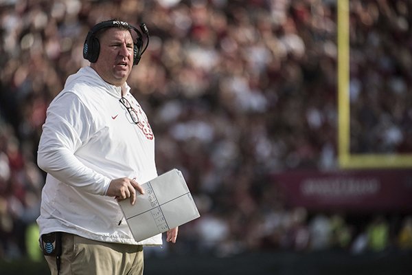 Arkansas head coach Bret Bielema watches from the sideline during the first half of an NCAA college football game against South Carolina on Saturday, Oct. 7, 2017, in Columbia, S.C. South Carolina defeated Arkansas 48-22. (AP Photo/Sean Rayford)

