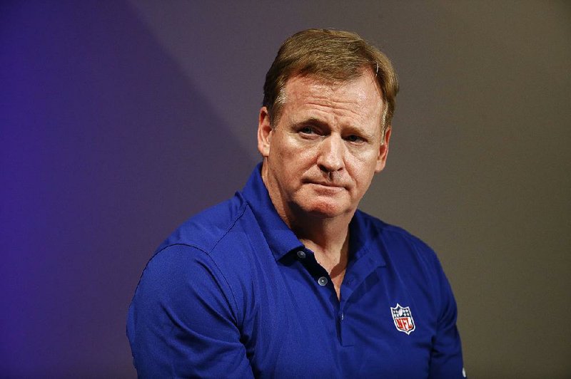 In this July 30, 2017, file photo, NFL commissioner Roger Goodell listens at a fan forum with Baltimore Ravens fans before at the Ravens' NFL football training practice in Baltimore. 