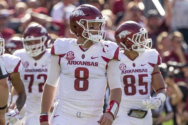 Arkansas quarterback Austin Allen (8) takes the field during a game against South Carolina on Saturday, Oct. 7, 2017, in Columbia, S.C.