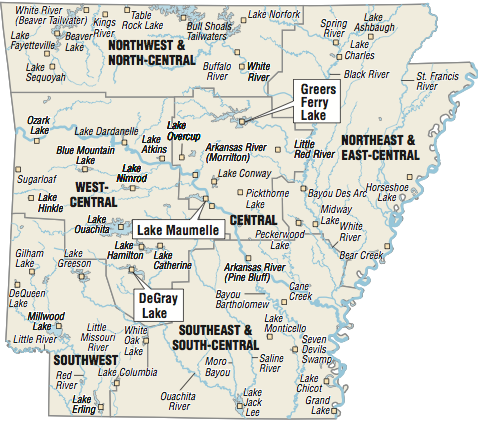 A map showing the location of Arkansas fishing spots.
