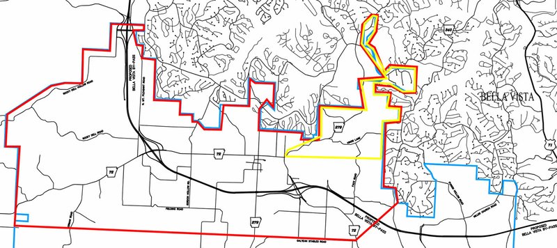 Image courtesy of Frank Holzkamper, utilities director with Centerton Utilities This map shows the northernmost section of the Centerton Water District's boundaries. Frank Holzkamper said this map is not exact, but shows a general outline of the service area's boundaries and the portions both for sale and requested. Outlined in blue is Centerton's water service area. The red outline shows the area that Gravette has expressed an interest in purchasing, while the yellow outlines the area that Bella Vista is attempting to purchase.