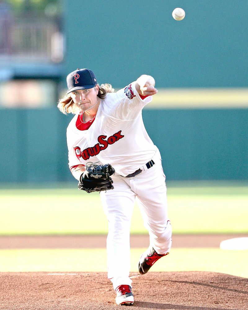 KELLY O'CONNOR PHOTO Jalen Beeks delivers a pitch for Boston's Triple A minor league affiliate, Pawtucket Red Sox. Beeks is a 2011 graduate of Prairie Grove High School and a former Arkansas Razorback. Beeks has been named Minor League Pitcher of the Year by the Boston Red Sox.