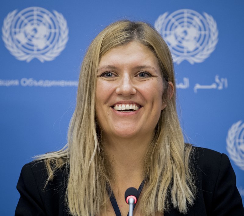 Beatrice Fihn, executive director of the International Campaign to Abolish Nuclear Weapons (ICAN), speaks during a press conference, Monday Oct. 9, 2017 at United Nations headquarters. ICAN, a coalition of non-government organizations in one hundred countries advocating a nuclear weapon ban treaty, is the 2017 winner of the Nobel Peace Prize. (Eskinder Debebe/United Nations via AP)