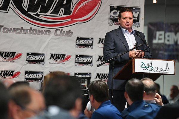 Former Oklahoma coach Bob Stoops speaks during a Northwest Arkansas Touchdown Club luncheon on Wednesday, Oct. 11, 2017, in Fayetteville. 