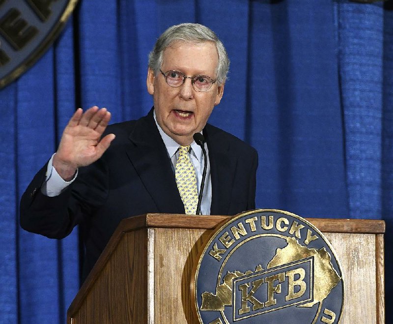 Senate Majority Leader Mitch McConnell of Ky. speaks during the Kentucky Farm Bureau Country Ham Breakfast, Thursday, Aug. 24, 2017, in Louisville, Ky. 