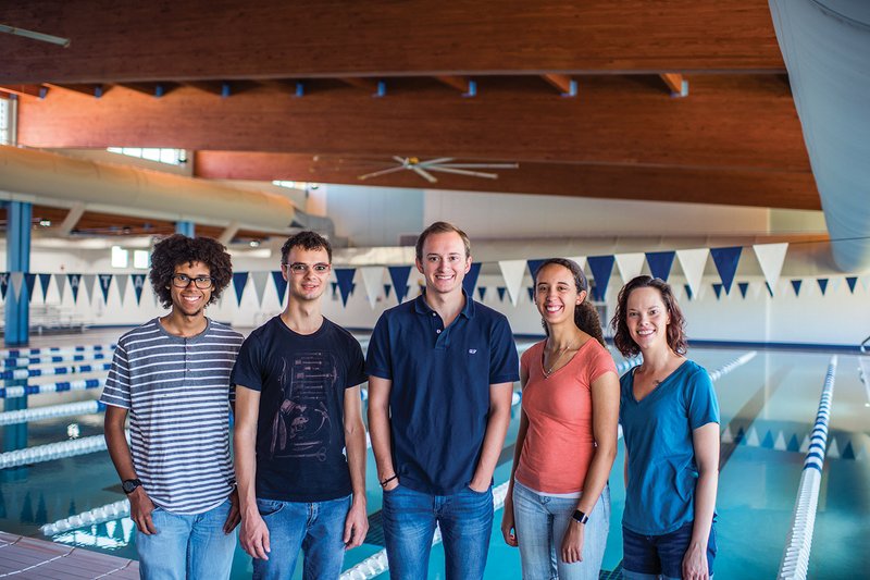 From left, staff members Daniel Campbell, Jared Smith, Hyatt Stubblefield, Phoebe Campbell and Katelyn Denney stand inside the new Searcy Swim Center, which is scheduled to open Oct. 23.