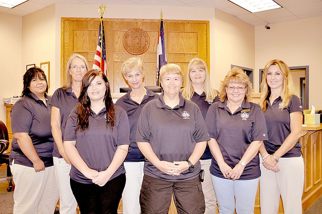 RACHEL DICKERSON/MCDONALD COUNTY PRESS The McDonald County Circuit Clerk's staff are, left to right, Jessica Bergen, Lori Sellers, Athena Thacker, Jennifer Mikeska, Stephanie Sweeten, Tanya Lewis, Debby Daniels, Monica Willyard, not pictured, Courtney Bohannon and Laura Williams.