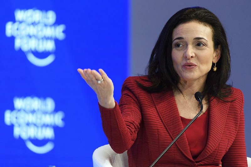 In this Wednesday, Jan. 18, 2017, file photo, Facebook Chief Operating Officer Sheryl Sandberg speaks during a plenary session during the annual meeting of the World Economic Forum in Davos, Switzerland. 