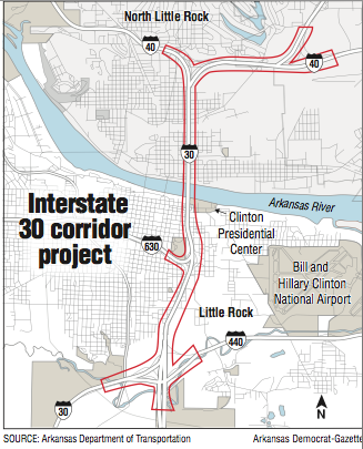 A map showing the Interstate 30 corridor project