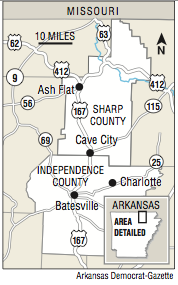 A map showing Sharp and Independence counties.