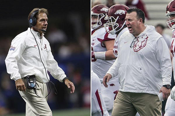 At left, in a Sept. 2, 2017, file photo, Alabama head coach Nick Saban walks the sidelines during an NCAA college football game against Florida State, in Atlanta. At right, in an Oct. 7, 2017, file photo, Arkansas head coach Bret Bielema joins his team on the field before an NCAA college football game against South Carolina, in Columbia, S.C. Alabama is a 31-point favorite over Arkansas for Saturday's game. (AP Photo/File)

