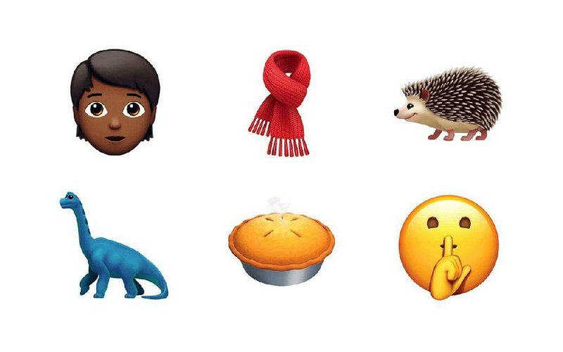 Shut your pie hole: New emoji include (clockwise from bottom right): a shhhh face, a pie, a dinosaur, a young genderless face, a scarf and a hedgehog.  