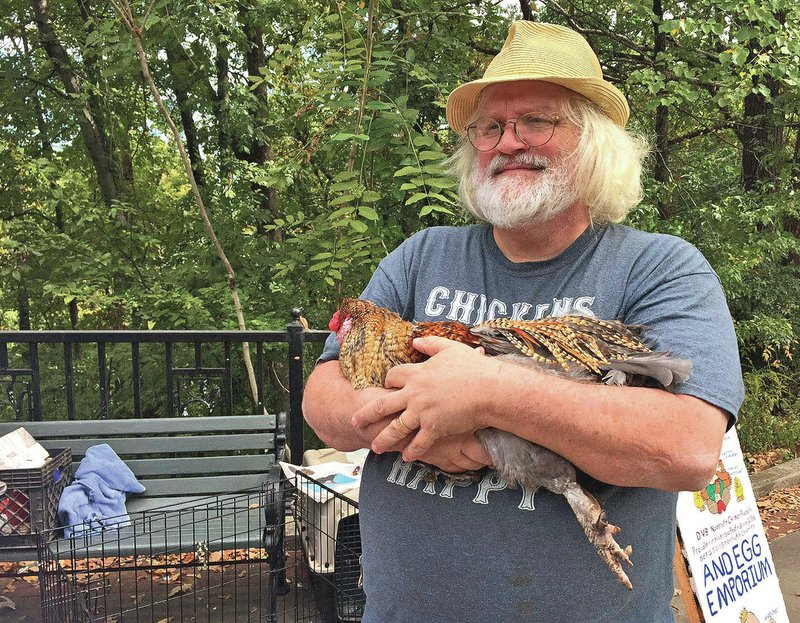 Arkansas Democrat-Gazette/EMMA PETTIT David Boyett shows one of the chickens from what he calls the "world's smallest petting zoo" in Little Rock's Hillcrest neighborhood on a recent Saturday.