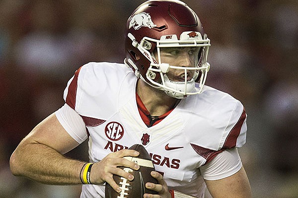 Arkansas quarterback Cole Kelley looks to pass during a game against Alabama on Saturday, Oct. 14, 2017, in Tuscaloosa, Ala. 