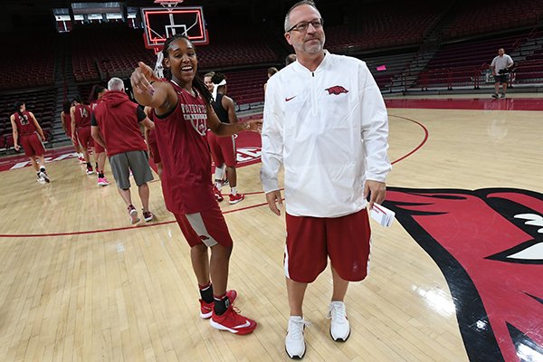 Arkansas coach Mike Neighbors, right, is shown with senior guard Devin Cosper during the Razorbacks' media day on Monday, Oct. 16, 2017, in Fayetteville. 