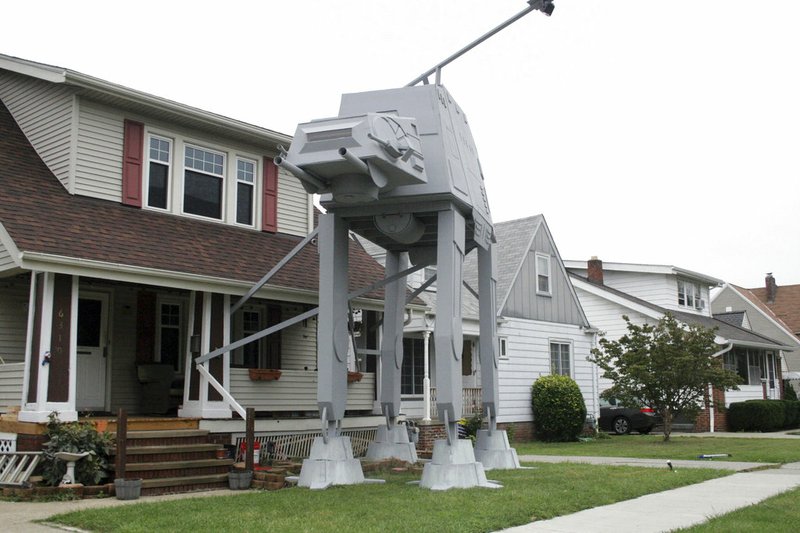 This Thursday, Oct. 12, 2017, photo shows a replica four-legged All Terrain Armored Transport, or AT-AT walker, in Parma, Ohio.