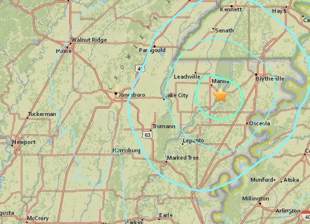 This screenshot from the U.S. Geological Survey website shows the epicenter of a small earthquake that rattled part of northeast Arkansas on Sunday morning.