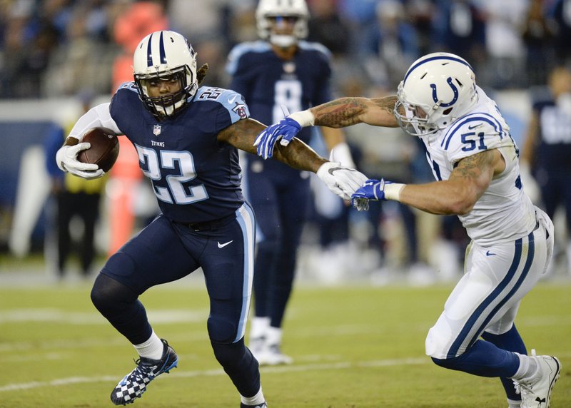 Tennessee Titans running back Derrick Henry (22) ran for 131 yards on 19 carries, including a 72-yard touchdown run, in the Titans’ 36-22 victory over the Indianapolis Colts on Monday night.