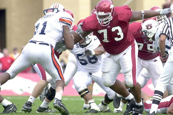 Arkansas offensive lineman Shawn Andrews (73) makes a block during a game against Auburn on Saturday, Oct. 11, 2003, in Fayetteville.
