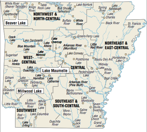 A map showing the location of Arkansas fishing spots.