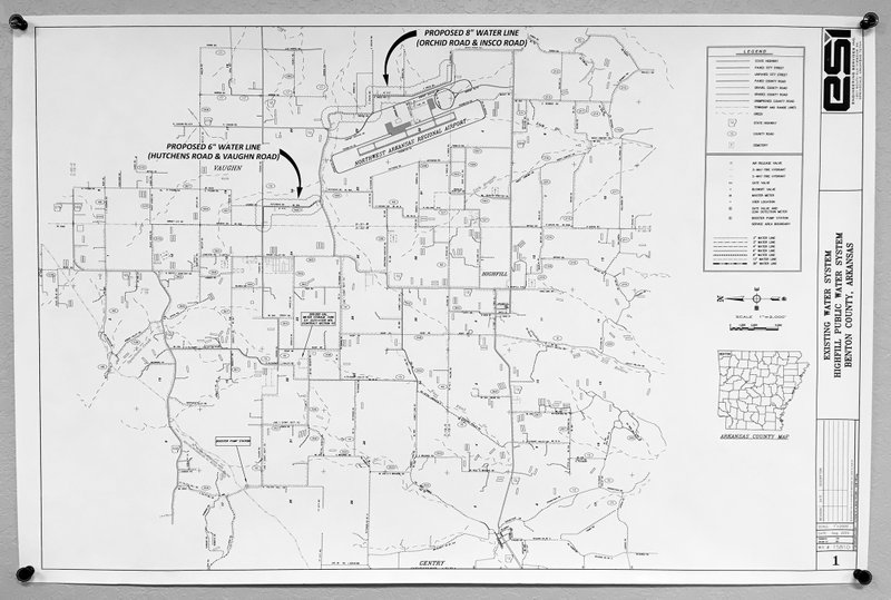 Map by ESI The above map shows where two proposed waterline additions are being planned in Highfill to provide water service to the east side of the Northwest Arkansas Regional Airport and to a section of Hutchens Road.