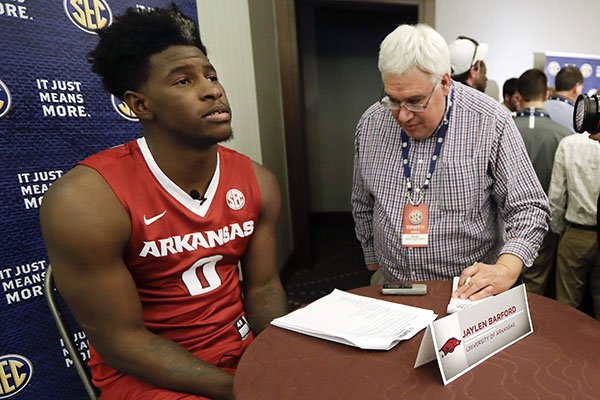 Jaylen Barford, of Arkansas, is interviewed during the Southeastern Conference men's NCAA college basketball media day, Wednesday, Oct. 18, 2017, in Nashville, Tenn. (AP Photo/Mark Humphrey)


