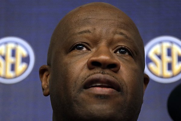 Arkansas head coach Mike Anderson answers a question during the Southeastern Conference men's NCAA college basketball media day Wednesday, Oct. 18, 2017, in Nashville, Tenn. (AP Photo/Mark Humphrey)

