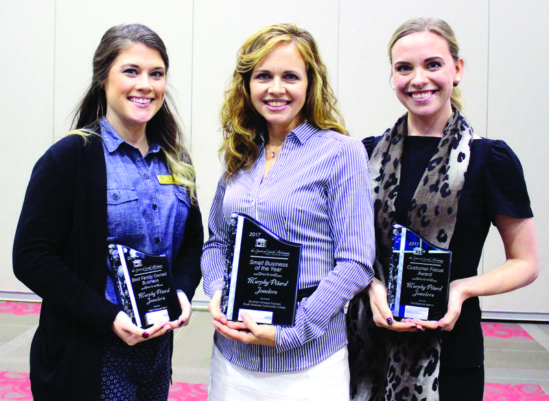 Accepting awards: Murphy-Pitard Jewelers was awarded the top business award and two category awards – Customer Focus and Family-Owned – during the Spirit of South Arkansas Small Business Awards Ceremony Wednesday in El Dorado. The awards were accepted by, Teri Beth Mitchell, from left, Amanda Pitard and Kate Powell.