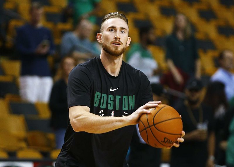 Boston Celtics' Gordon Hayward before their preseason NBA basketball game against the Philadelphia 76ers in Boston Monday, Oct. 9, 2017.