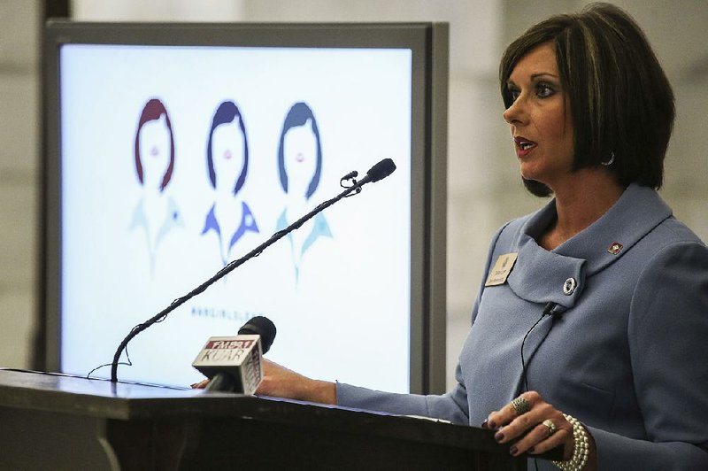 Rep. Sarah Capp, a Republican from Ozark, speaks during a news conference Wednesday to announce a new initiative called ARGIRLSLEAD. Women in the state House announced an effort to encourage girls to think about their careers, education and entering politics. 
