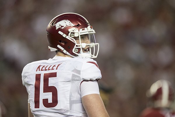 Arkansas quarterback Cole Kelley looks toward the sideline during a game against Alabama on Saturday, Oct. 14, 2017, in Tuscaloosa, Ala. 