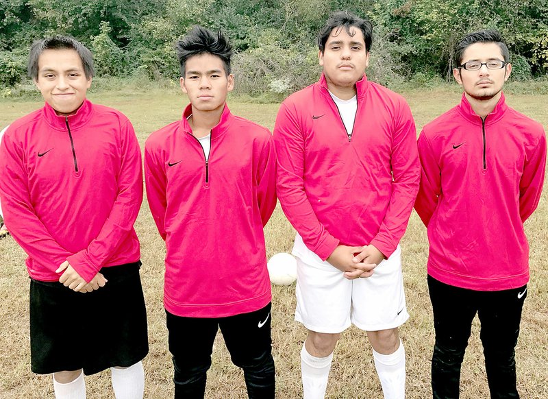 Photo by Rick Peck McDonald County High School recognized the senior members of its 2017 soccer team following the Mustangs' 4-0 win over Riverton, Kan. on Oct. 12 at MCHS. From left to right: Adrian Ocampo, Jaw Di, Joaquin Lazalde and Uriel Lazaro.
