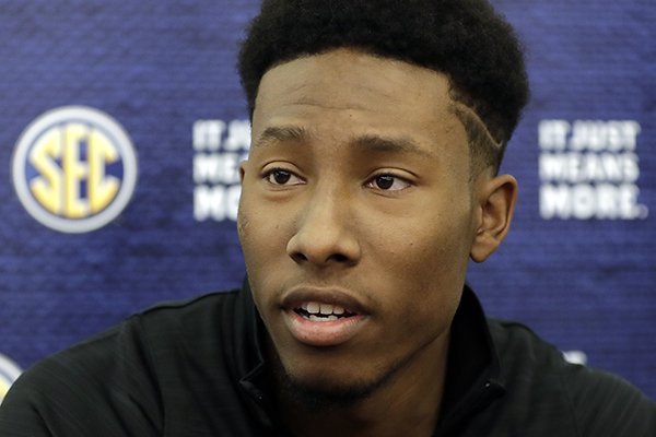 Florida's KeVaughn Allen answers questions during the Southeastern Conference men's NCAA college basketball media day Wednesday, Oct. 18, 2017, in Nashville, Tenn. (AP Photo/Mark Humphrey)

