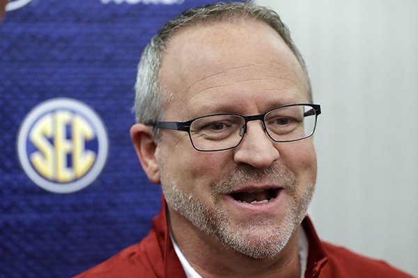 Arkansas head coach Mike Neighbors answers questions during the Southeastern Conference women's NCAA college basketball media day Thursday, Oct. 19, 2017, in Nashville, Tenn. (AP Photo/Mark Humphrey)

