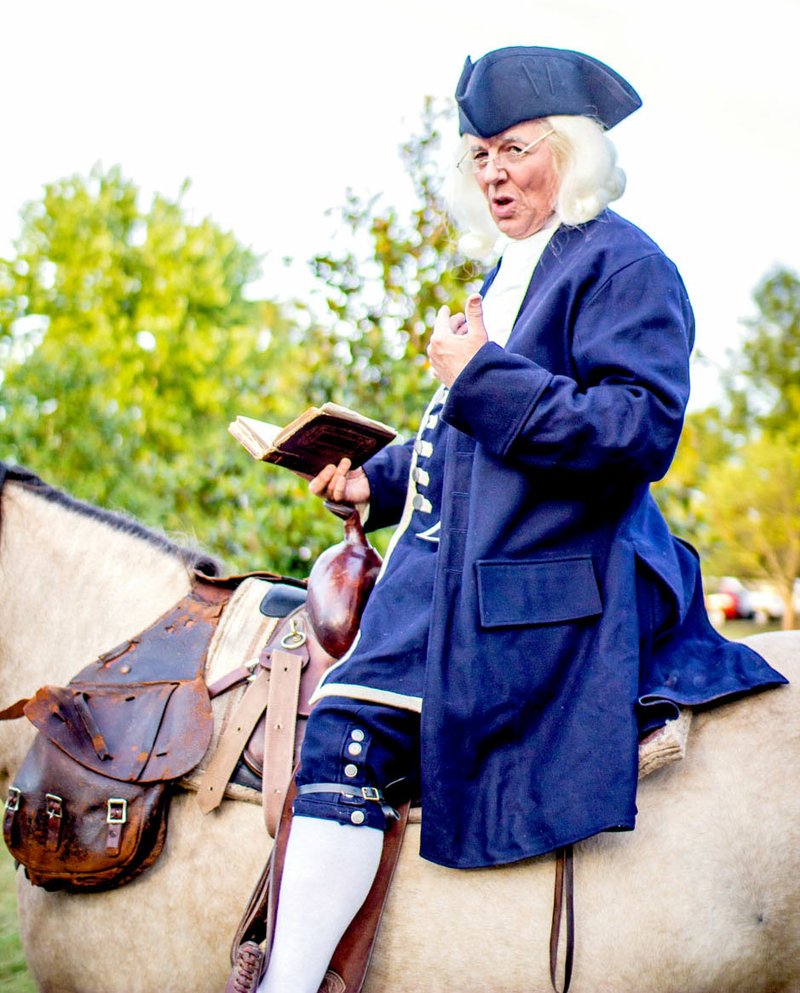 Photo submitted John Wesley, played by B.J. Johnston, rode in on a horse to speak to guests at a fundraiser on Oct. 1. The event helped raise money for Johnston’s ministry, which teaches people to memorize large sections of the Bible.
