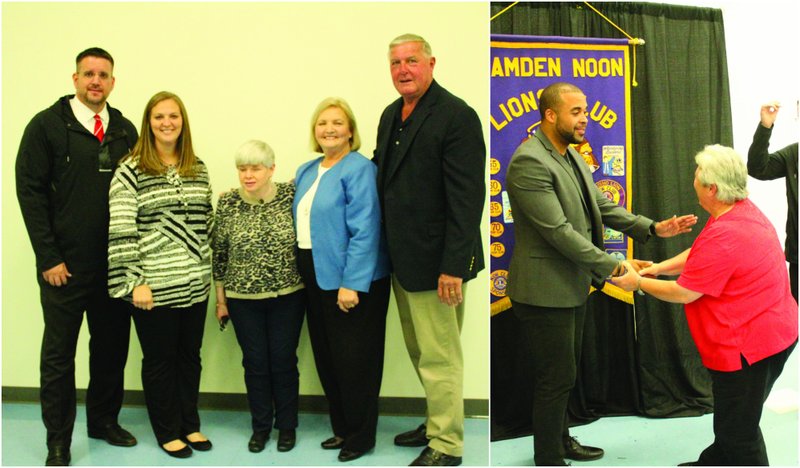Lions Club awards
Shown above are the winners of the Lions Club Distinguished Service Awards. From left are, Gary Steelman, Jana Garcia, Cindy Bradshaw, Peggy Abbott and Bill Bacon. 
The photo at left shows the awards banquet's guest speaker D.J. Williams - former Razorback and NFL player - meeting and mingling with banquet attendees. See related article for winner categories and more highlights from Tuesday's event.