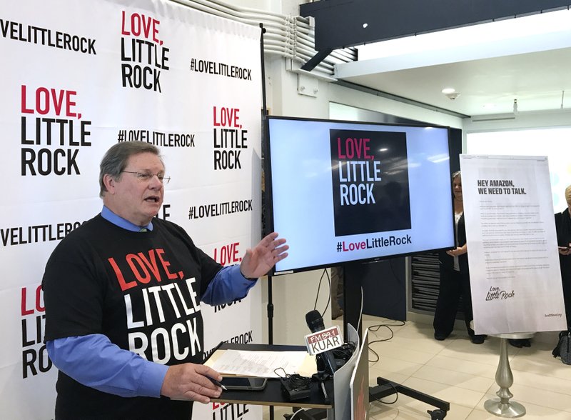 Little Rock Mayor Mark Stodola discusses the city's decision to not pursue Amazon's proposed second headquarters at a news conference in Little Rock on Oct. 19, 2017. The city ran a full-page ad in the Washington Post, telling the e-commerce giant: "It's not you, it's us." (AP Photo/Andrew DeMillo)