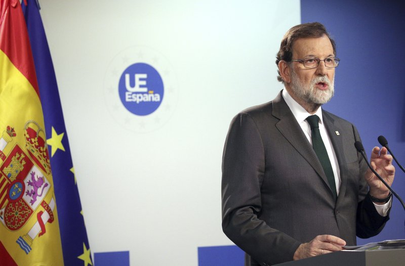 Spanish Prime Minister Mariano Rajoy speaks during a media conference at the conclusion of an EU summit in Brussels on Friday, Oct. 20, 2017. European Union leaders gathered Friday to weigh progress in negotiations on Britain's departure from their club as they look for new ways to speed up the painfully slow moving process. 
