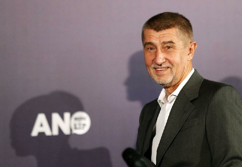 Czech billionaire and leader of ANO 2011 political movement Andrej Babis arrives to address the media Saturday after most of the votes were counted in the parliamentary elections in Prague, Czech Republic.