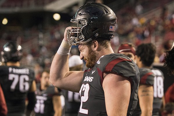 Arkansas center Frank Ragnow shows frustration on the sideline during a game against Auburn on Saturday, Oct. 21, 2017, in Fayetteville. 