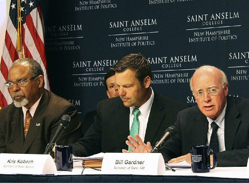 New Hampshire Secretary of State Bill Gardner (right) introduces one of the speakers at a meeting of the Presidential Advisory Commission on Election Integrity in Manchester, N.H. Kansas Secretary of State Kris Kobach (center) and former Ohio Secretary of State Ken Blackwell (left) also attend.
